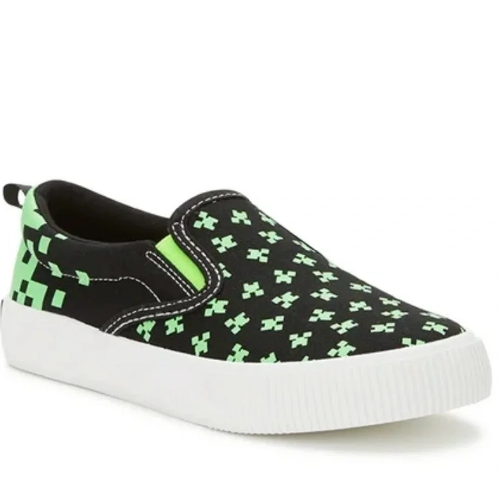 Minecraft Sneakers Game Big Kids Size 4 Slip On Shoes Black Bright Green Roblox